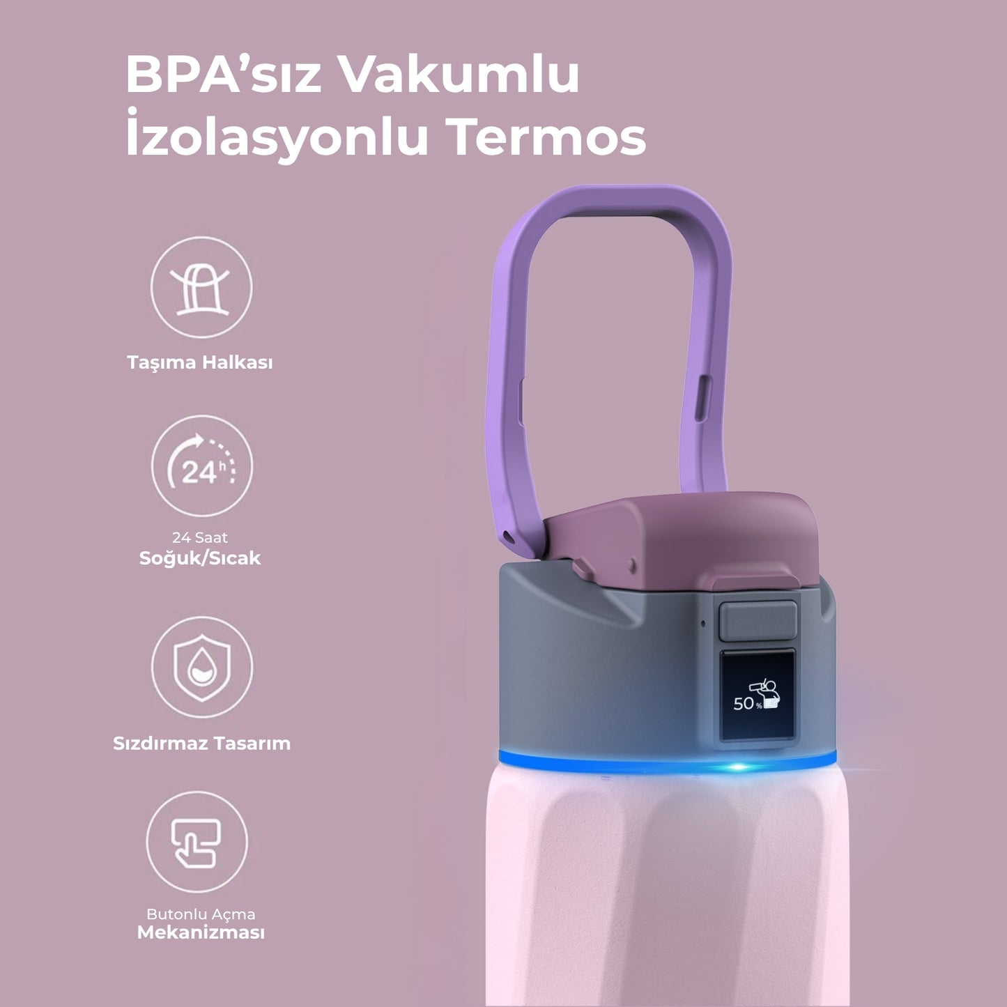 WaterH 24oz Pembe – WaterH BPA’sız Vakumlu İzolasyonlu Akıllı Termos – WaterH Akıllı Termos 710 ml Pembe Renk