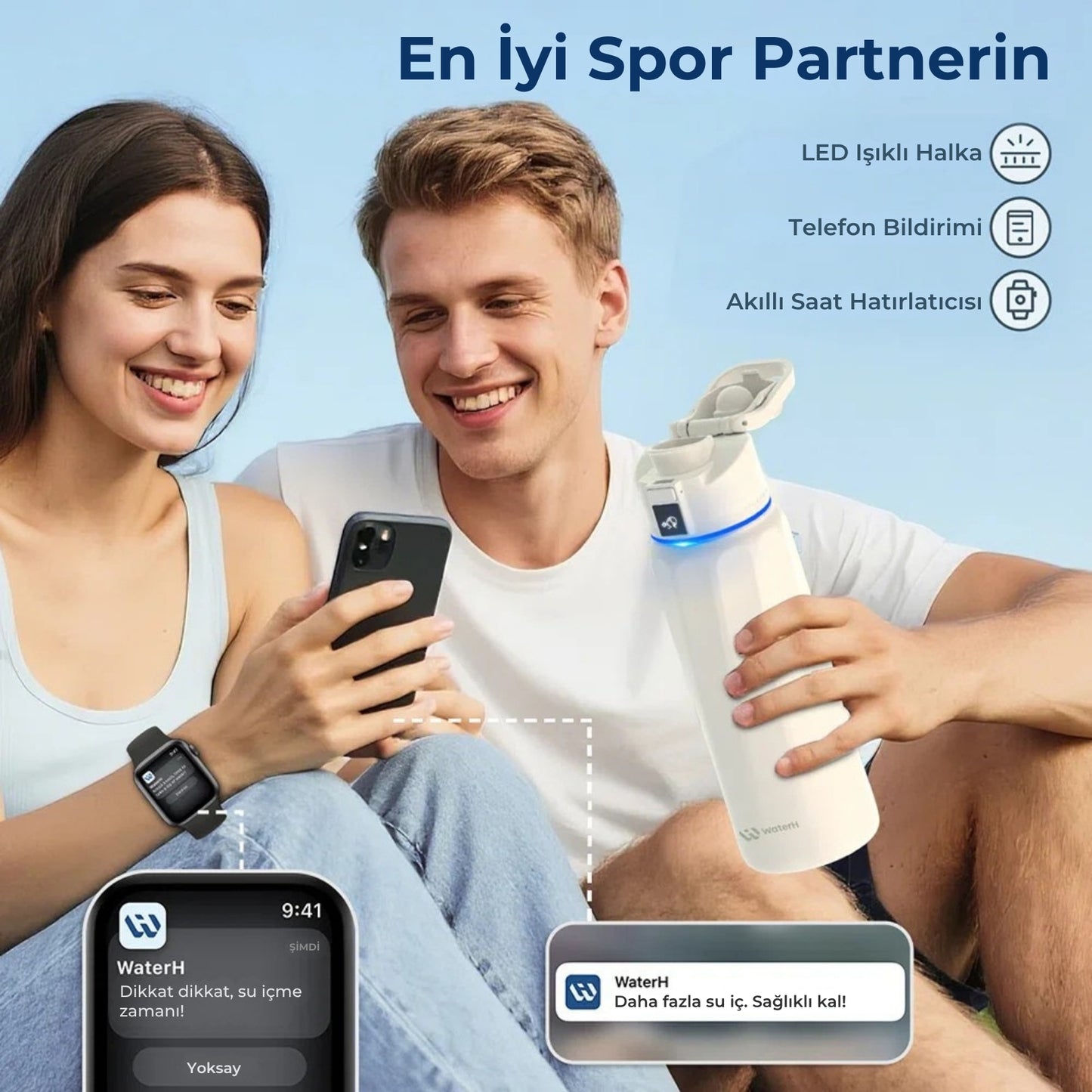WaterH 24oz beyaz – WaterH Senin En İyi Spor Partnerin – WaterH 710 ml Akıllı Termos Beyaz Renk