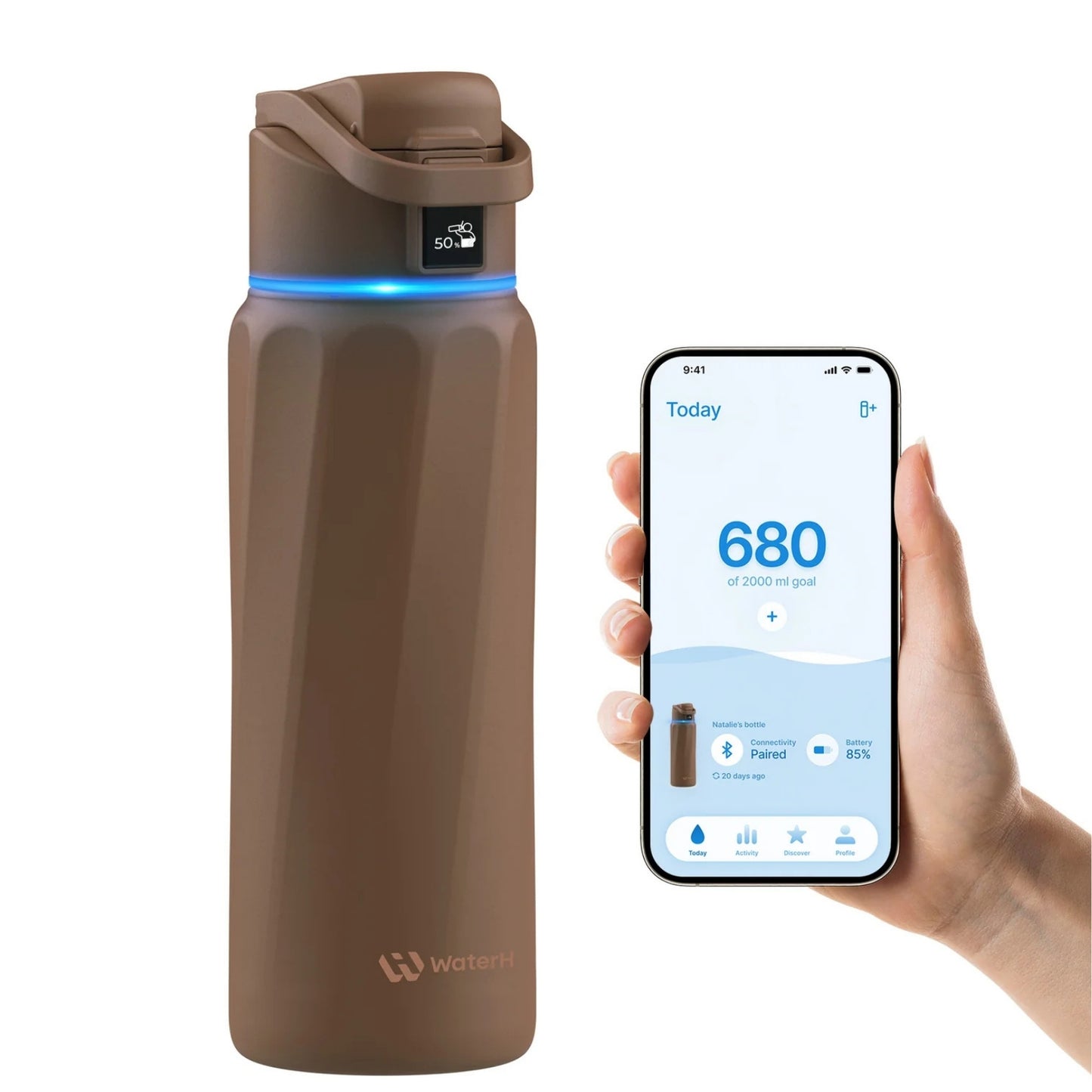WaterH 24oz Kahverengi – WaterH Akıllı Termos 710 ml Kahverengi Renk Uygulama Görünümü