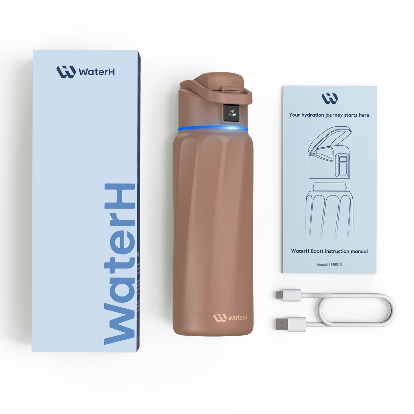 WaterH 24oz Kahverengi – WaterH Akıllı Termos Kutu İçeriği – WaterH Akıllı Termos 710 ml Kahverengi Renk