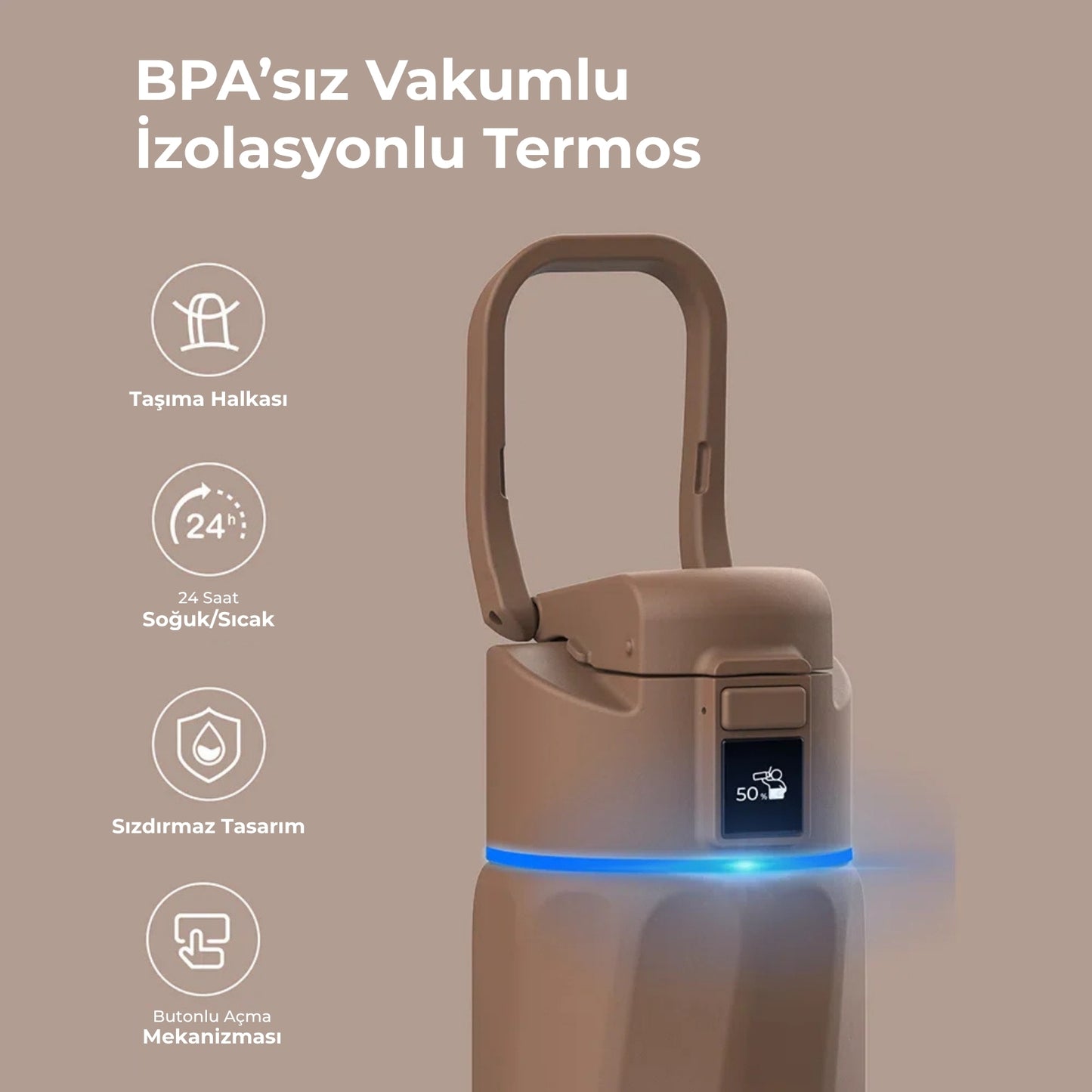 WaterH 24oz Kahverengi – WaterH BPA’sız Vakumlu İzolasyonlu Akıllı Termos – WaterH Akıllı Termos 710 ml Kahverengi Renk