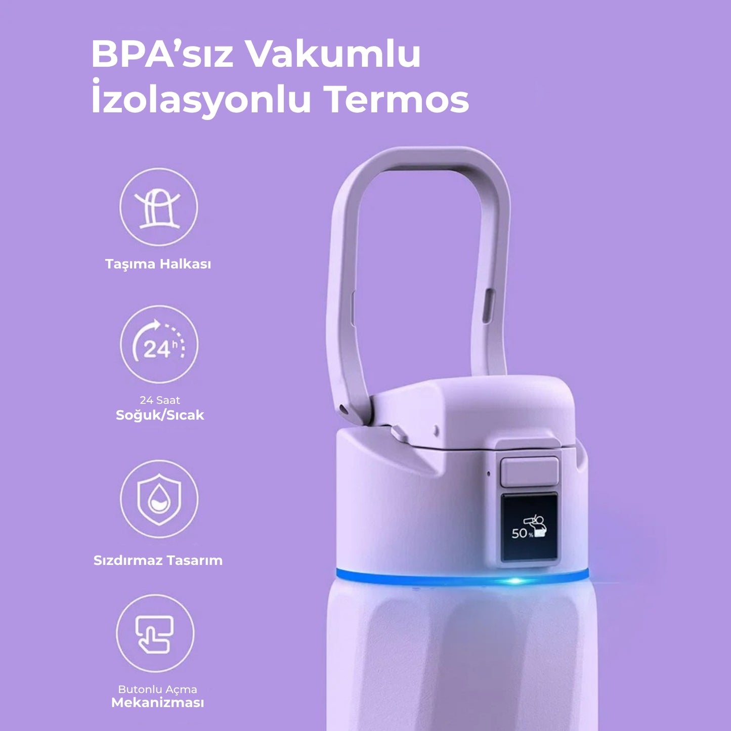 WaterH 24oz Mor – WaterH BPA’sız Vakumlu İzolasyonlu Akıllı Termos – WaterH Akıllı Termos 710 ml Mor Renk