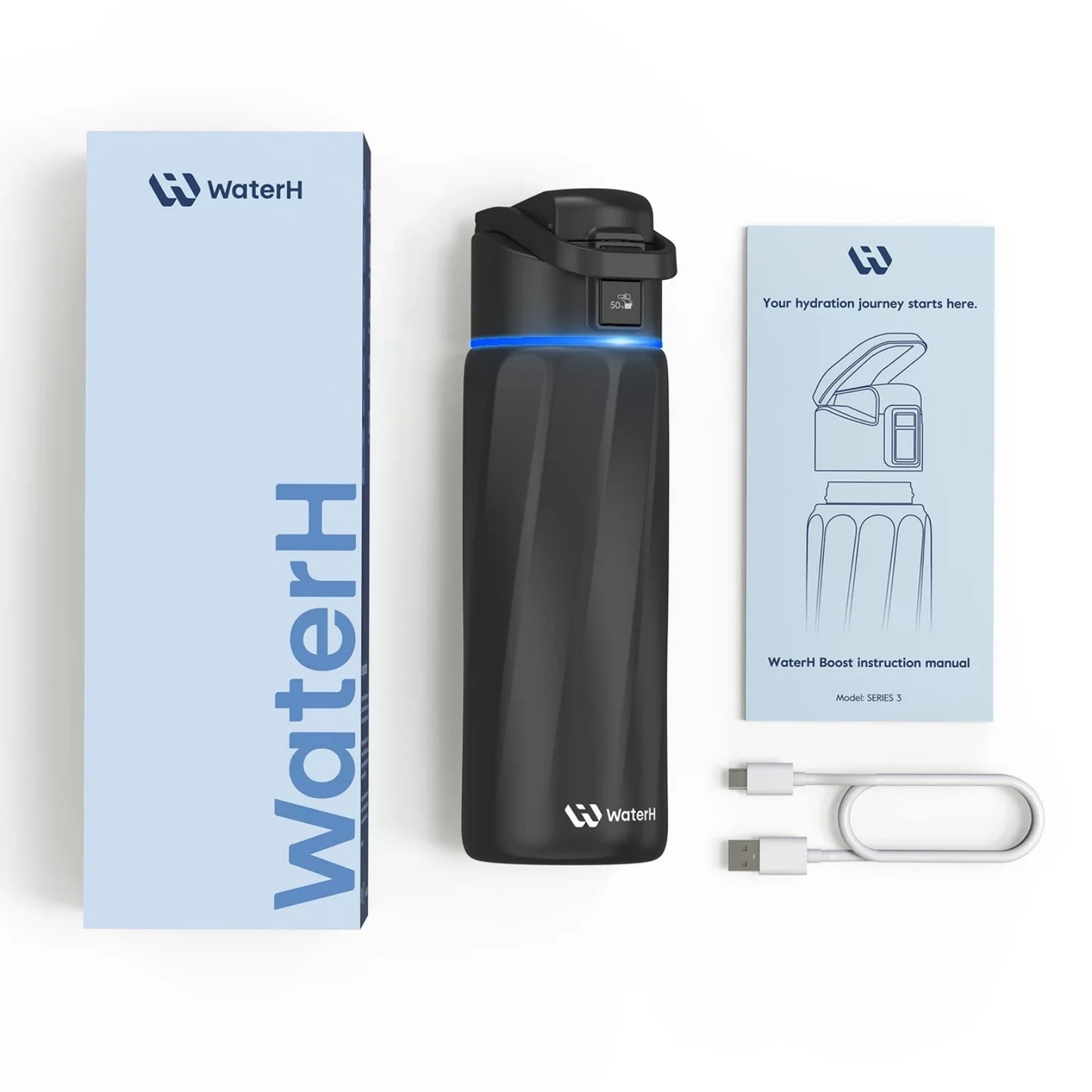 WaterH 24oz Siyah – WaterH Akıllı Termos Kutu İçeriği – WaterH Akıllı Termos 710 ml Siyah Renk