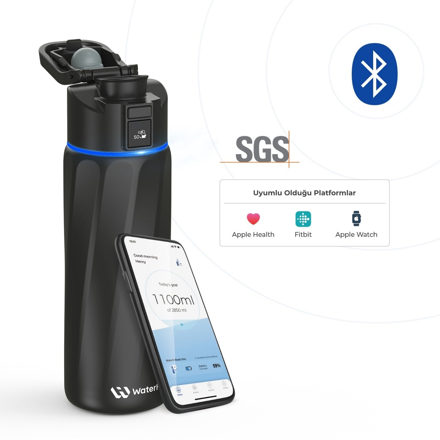 WaterH 24oz Siyah – WaterH Birlikte Çalıştığı Sağlık Uygulamaları – WaterH Akıllı Termos 710 ml Siyah Renk
