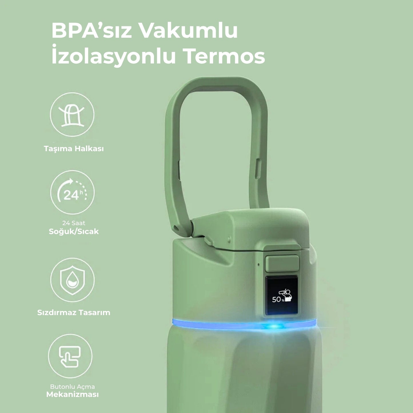 WaterH 24oz Yeşil – WaterH BPA’sız Vakumlu İzolasyonlu Akıllı Termos – WaterH Akıllı Termos 710 ml Yeşil Renk