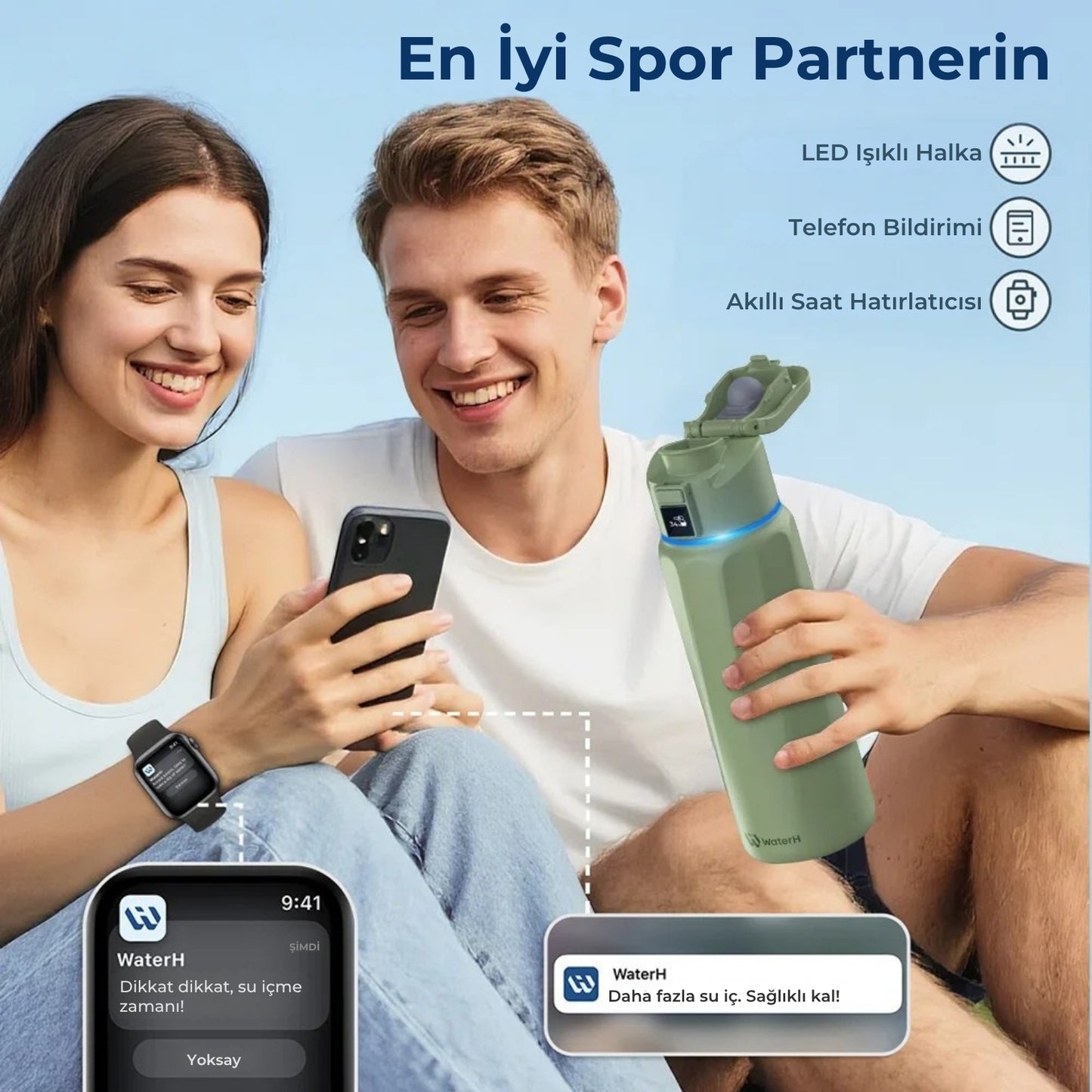 WaterH 24oz Yeşil – WaterH Senin En İyi Spor Partnerin – WaterH Akıllı Termos 710 ml Yeşil Renk