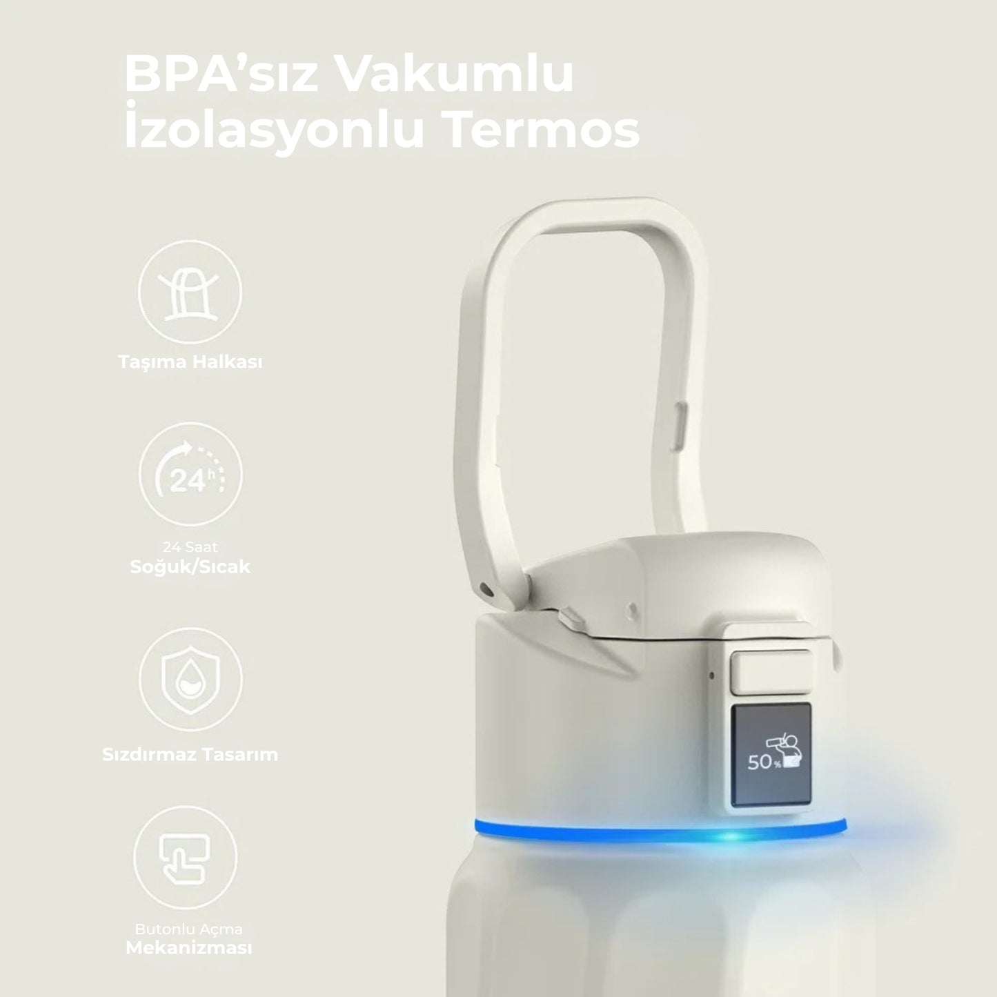 WaterH 32oz beyaz - WaterH BPA’sız Vakumlu İzolasyonlu Akıllı Termos - WaterH 946 ml akıllı termos beyaz renk