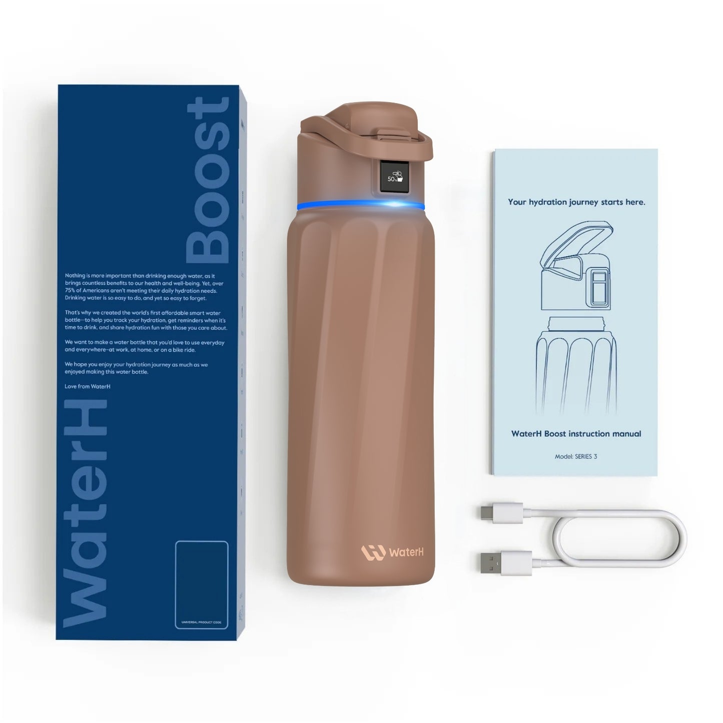 WaterH 32oz kahverengi – WaterH Akıllı Termos Kutu İçeriği – WaterH Akıllı Termos 946 ml Kahverengi Renk