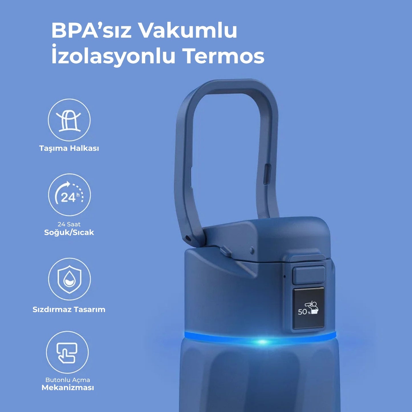 WaterH 32oz mavi – WaterH BPA’sız Vakumlu İzolasyonlu Akıllı Termos – WaterH Akıllı Termos 946 ml Mavi Renk