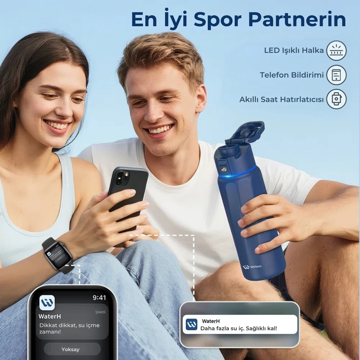 WaterH 32oz mavi - WaterH Senin En iyi Spor Partnerin WaterH Akıllı Termos 946 ml mavi renk