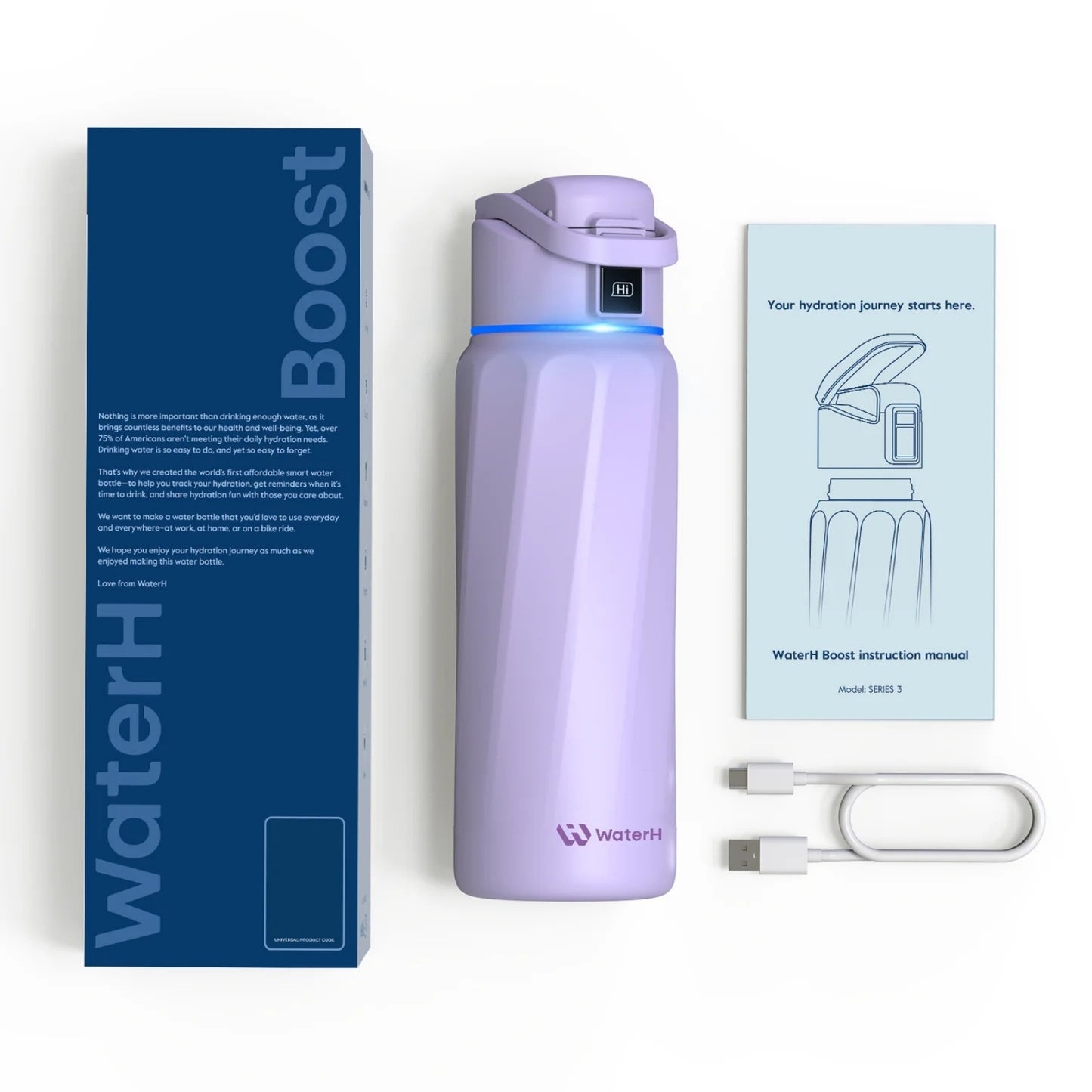 WaterH 32oz mor – WaterH Akıllı Termos Kutu İçeriği – WaterH Akıllı Termos 946 ml Mor Renk