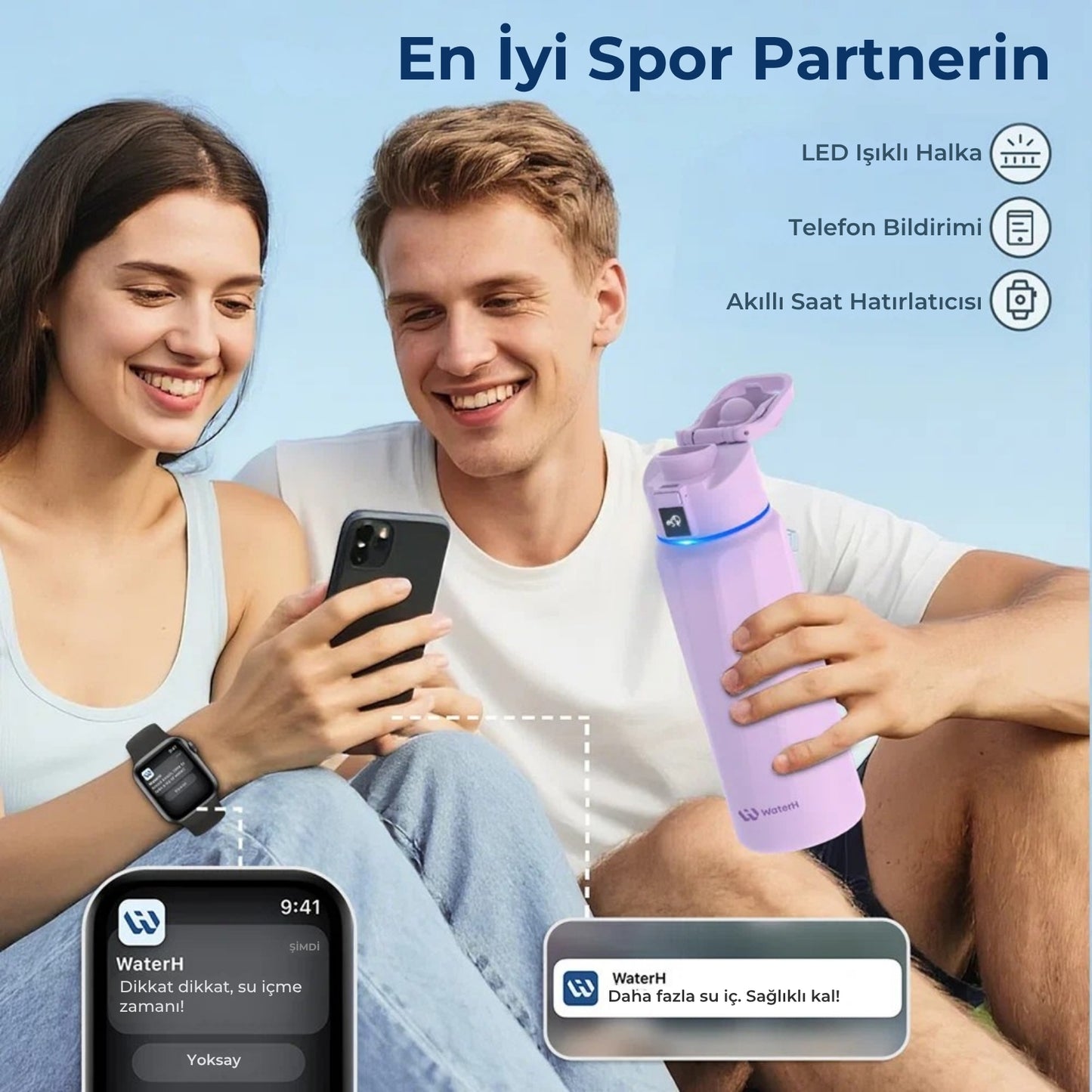 WaterH 32oz mor – WaterH Senin En İyi Spor Partnerin – WaterH Akıllı Termos 946 ml Mor Renk
