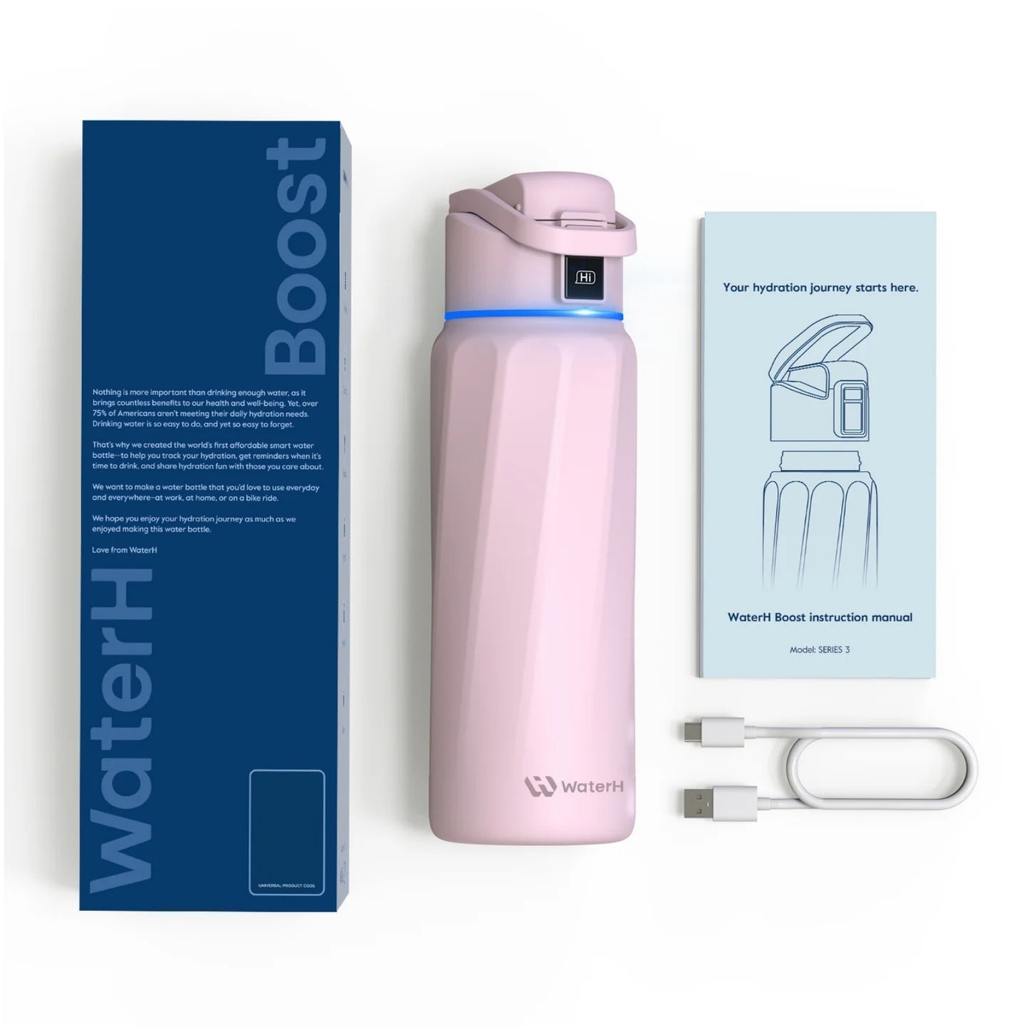 WaterH 32oz pembe – WaterH Akıllı Termos Kutu İçeriği – WaterH Akıllı Termos 946 ml Pembe Renk