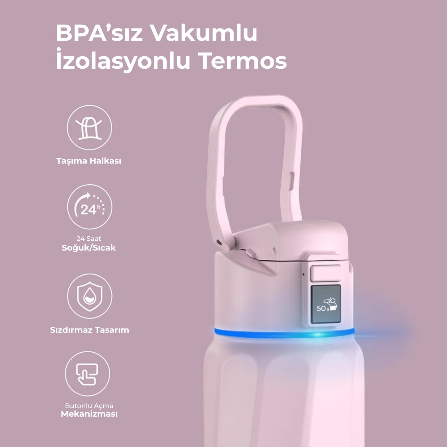 WaterH 32oz pembe – WaterH BPA’sız Vakumlu İzolasyonlu Akıllı Termos – WaterH Akıllı Termos 946 ml Pembe Renk