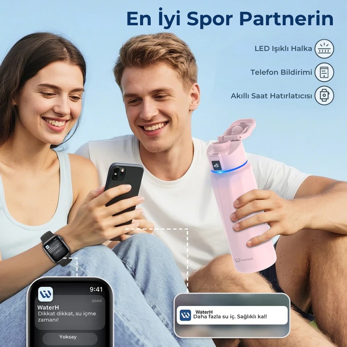 WaterH 32oz pembe – WaterH Senin En İyi Spor Partnerin – WaterH Akıllı Termos 946 ml Pembe Renk