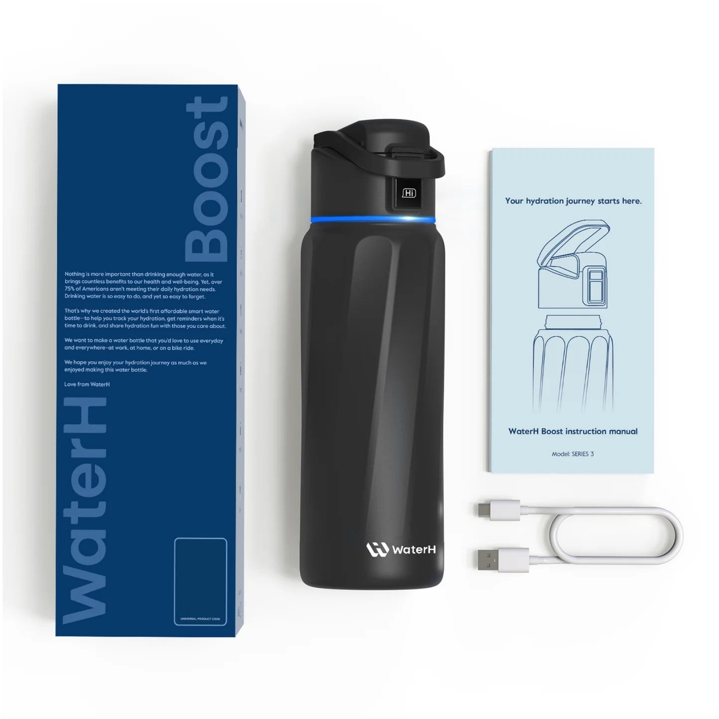 WaterH 32oz siyah - WaterH Akıllı Termos Kutu İçeriği - WaterH Akıllı Termos 946 ml siyah renk