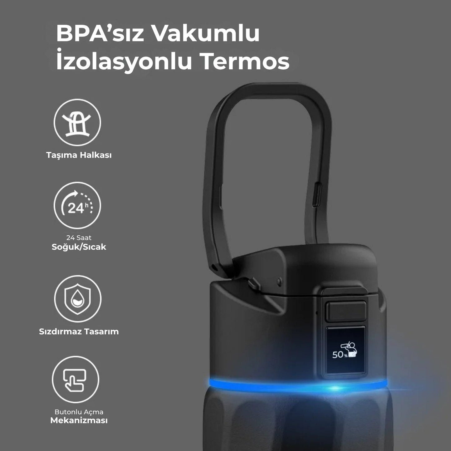 WaterH 32oz siyah - WaterH BPA’sız Vakumlu İzolasyonlu Akıllı Termos - WaterH Akıllı Termos 946 ml siyah renk