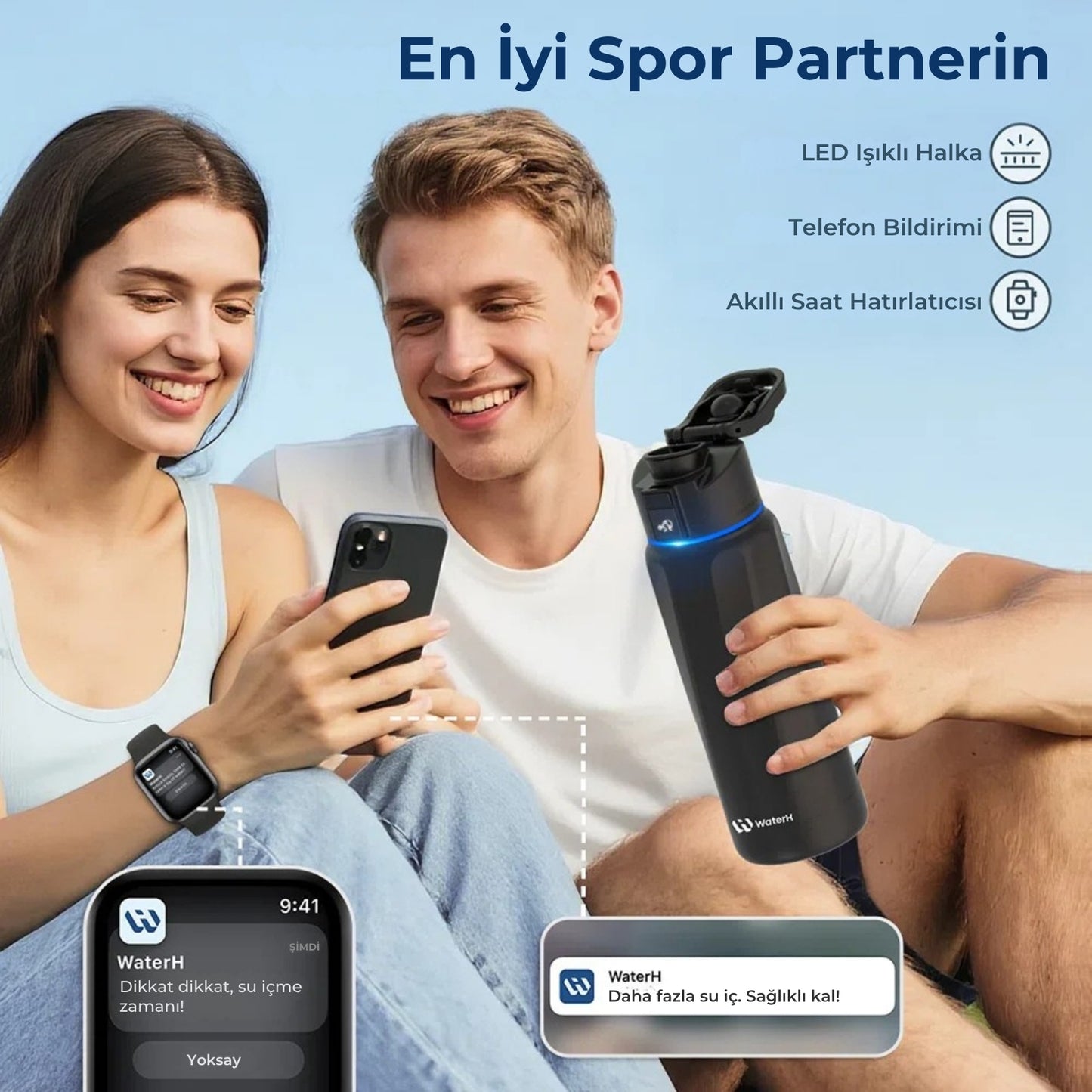 WaterH 32oz siyah - WaterH Senin En İyi Spor Partnerin - WaterH Akıllı Termos 946 ml siyah renk