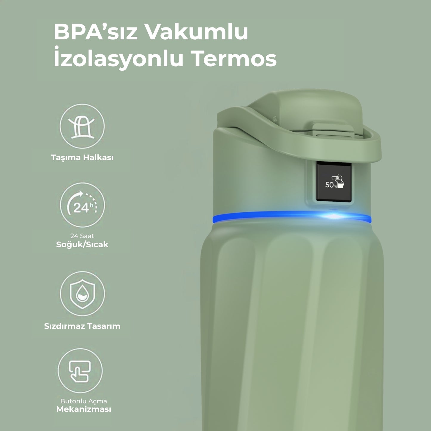 WaterH 32oz yeşil – WaterH BPA’sız Vakumlu İzolasyonlu Akıllı Termos – WaterH Akıllı Termos 946 ml Yeşil Renk