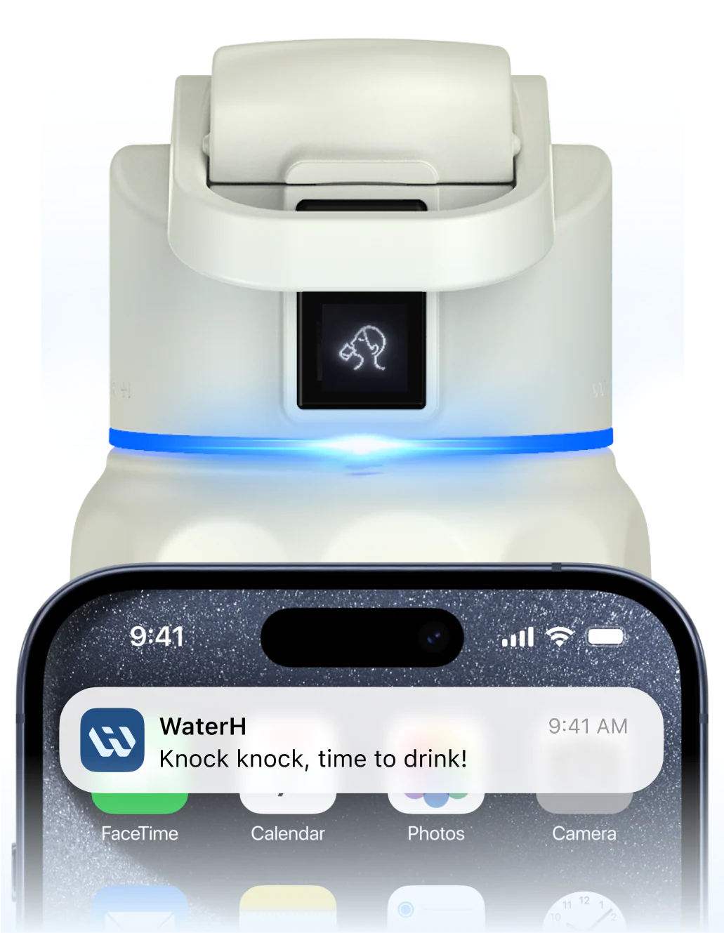 WaterH akıllı termos, mobil uygulama üzerinden su içme zamanı geldiğinde bildirim gönderiyor. Görselde, telefon ekranında “Knock knock, time to drink!” uyarısı yer alıyor ve termosun LED ışığı yanıyor.