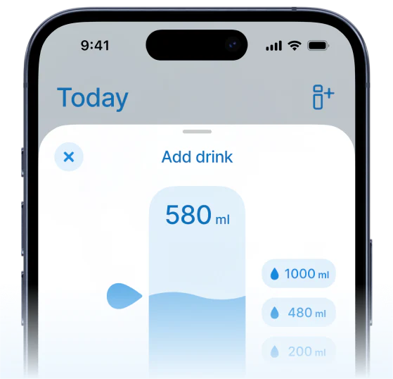 WaterH uygulamasının “Add Drink” ekranı görülüyor. Kullanıcı, manuel olarak 580 ml su ekleyerek hidrasyon takibini yapabiliyor. Termos kullanmadan da su tüketimi kayıt altına alınabiliyor.