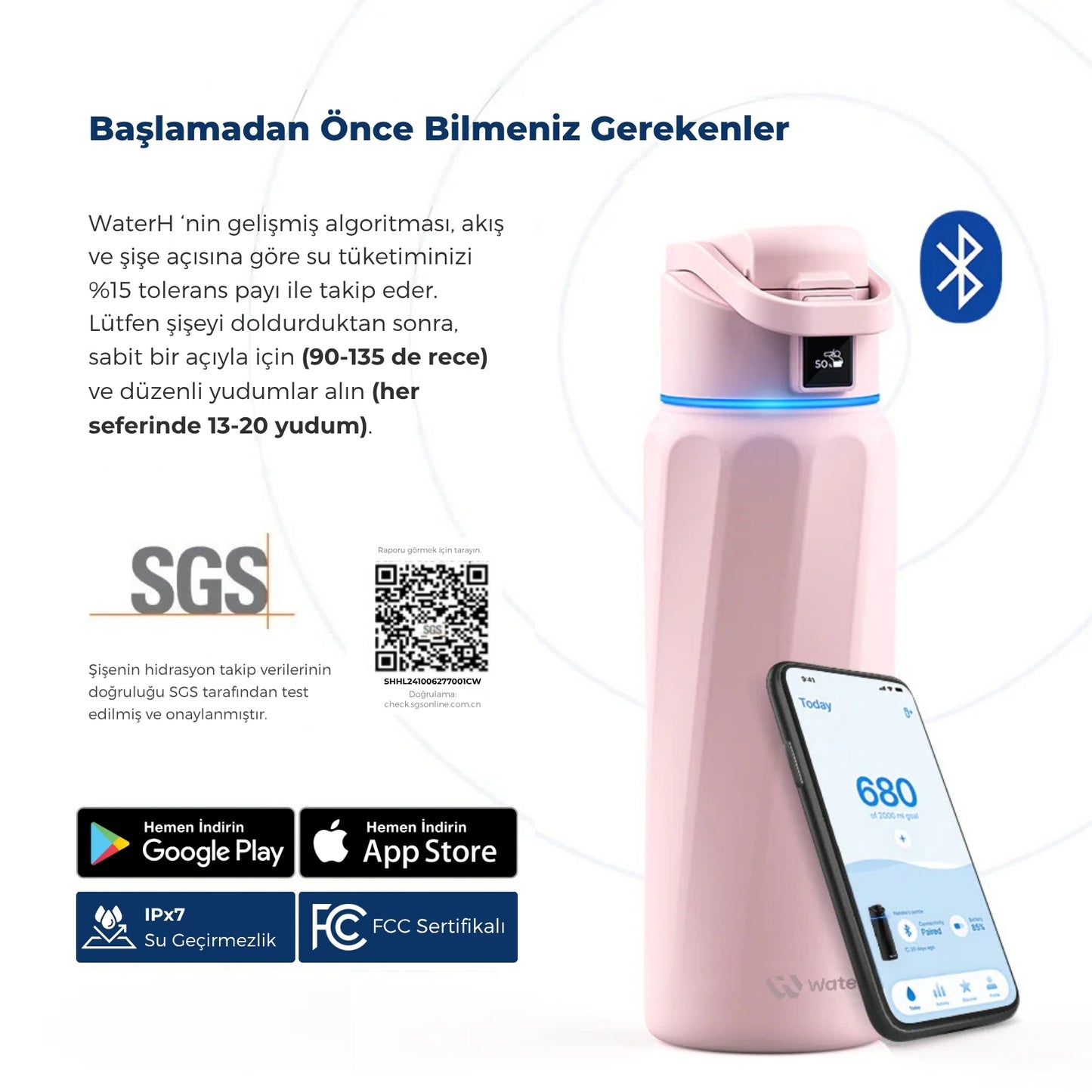 WaterH Boost Akıllı Termos | Hidrasyon Takibi Yapan, Yalıtımlı 710 ml/24oz Akıllı Termos