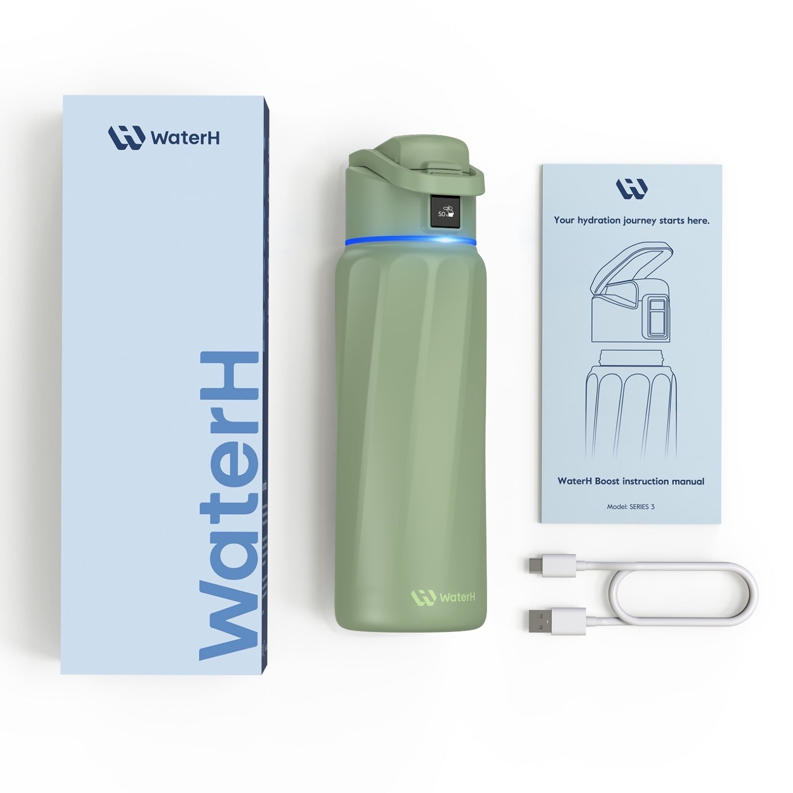 WaterH 24oz Yeşil – WaterH Akıllı Termos Kutu İçeriği – WaterH Akıllı Termos 710 ml Yeşil Renk