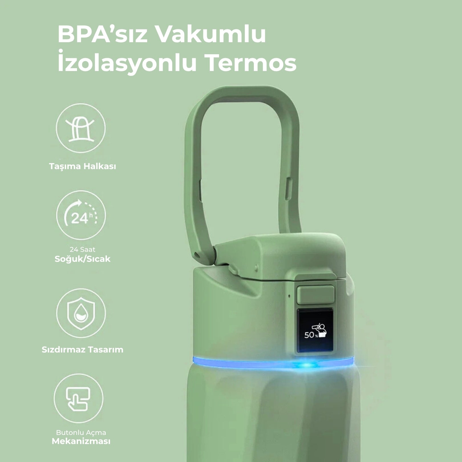 WaterH 24oz Yeşil – WaterH BPA’sız Vakumlu İzolasyonlu Akıllı Termos – WaterH Akıllı Termos 710 ml Yeşil Renk