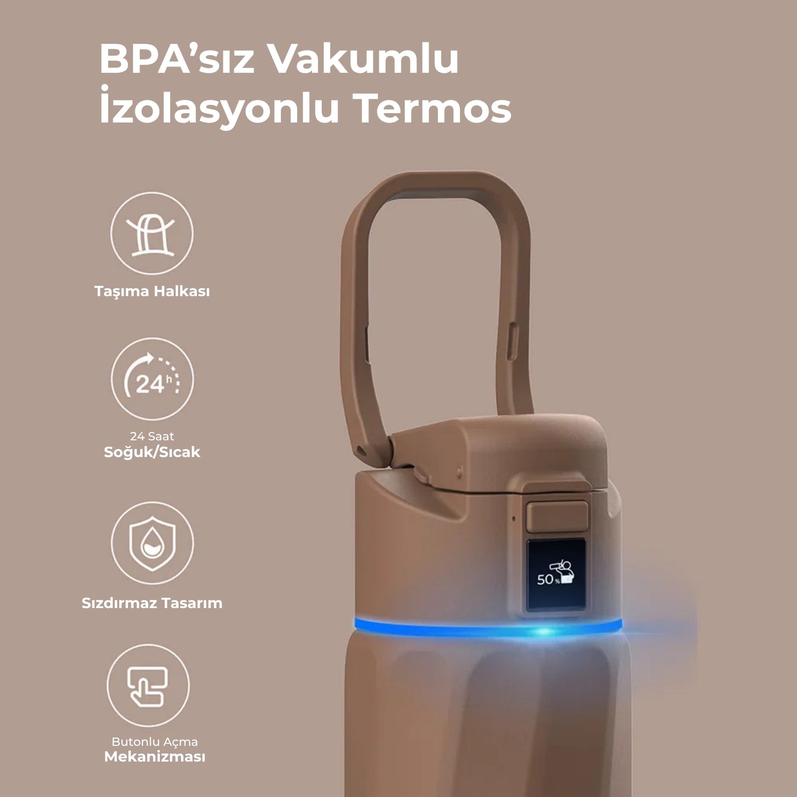 WaterH 32oz kahverengi – WaterH BPA’sız Vakumlu İzolasyonlu Akıllı Termos – WaterH Akıllı Termos 946 ml Kahverengi Renk
