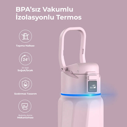 WaterH 32oz pembe – WaterH BPA’sız Vakumlu İzolasyonlu Akıllı Termos – WaterH Akıllı Termos 946 ml Pembe Renk