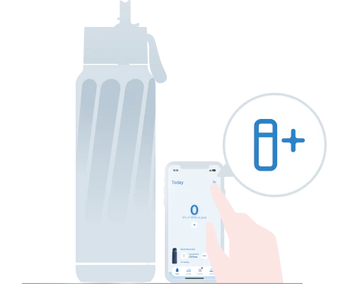 Bir akıllı termos ve akıllı telefon yan yana duruyor. Telefon ekranında WaterH uygulaması açık ve kullanıcı, cihazı eşleştirmek için “+” simgesine dokunuyor.