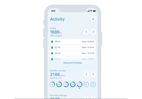 Bir akıllı telefon ekranında WaterH uygulamasının hidrasyon takip ekranı görülüyor. Ekranda günlük, haftalık ve aylık su tüketim istatistikleri grafikler halinde görüntüleniyor.