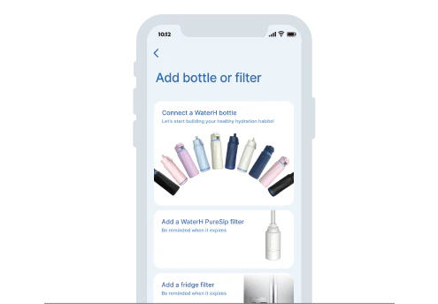 Bir akıllı telefon ekranında WaterH uygulamasının “Add bottle or filter” bölümü görülüyor. Uygulamada farklı şişe ve filtre seçenekleri yer alıyor; kullanıcı, su içme alışkanlıklarını sürdürerek ödüller kazanabiliyor.