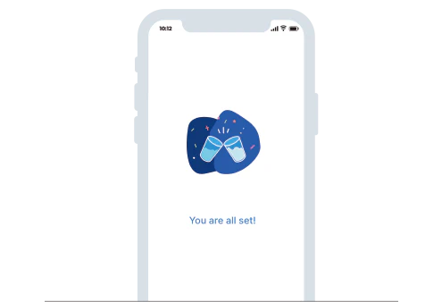 Bir akıllı telefon ekranında WaterH uygulamasının “You are all set!” (Her şey hazır) ekranı görülüyor. Bu adımda kullanıcı uygulamayı kurup günlük su içme hedefini belirliyor.